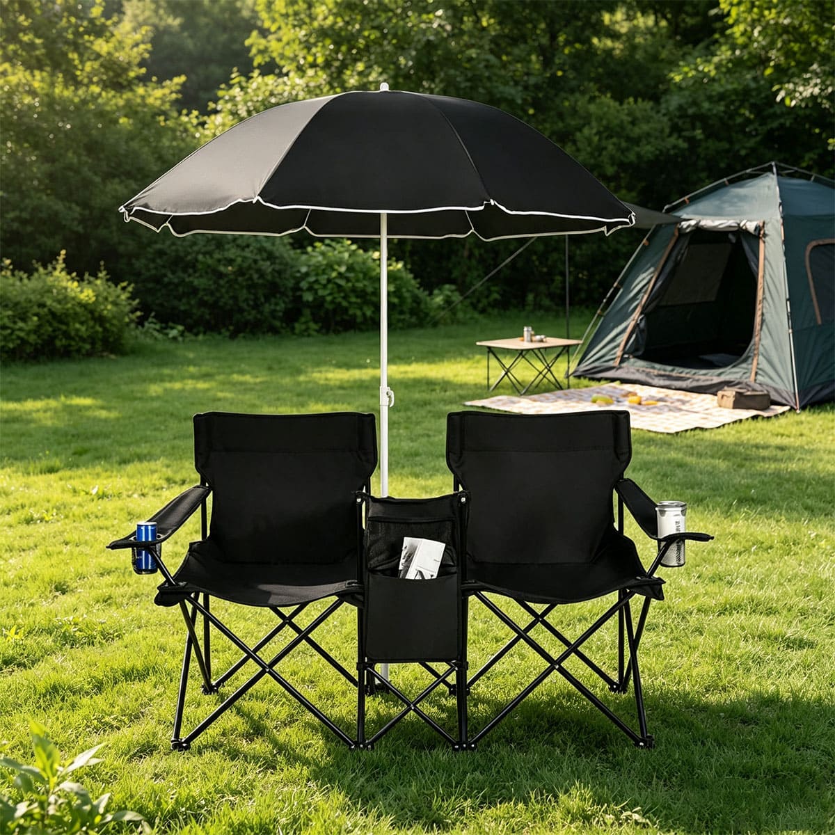 Double Folding Picnic Chairs With Umbrella